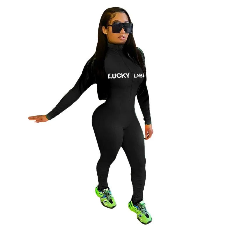 

Lucky Label Jumpsuit Women Long Sleeve Zip Knitted High Stretch Bodysuit Jogger Rompers Womens Jumpsuit Wholesale Dropshipping