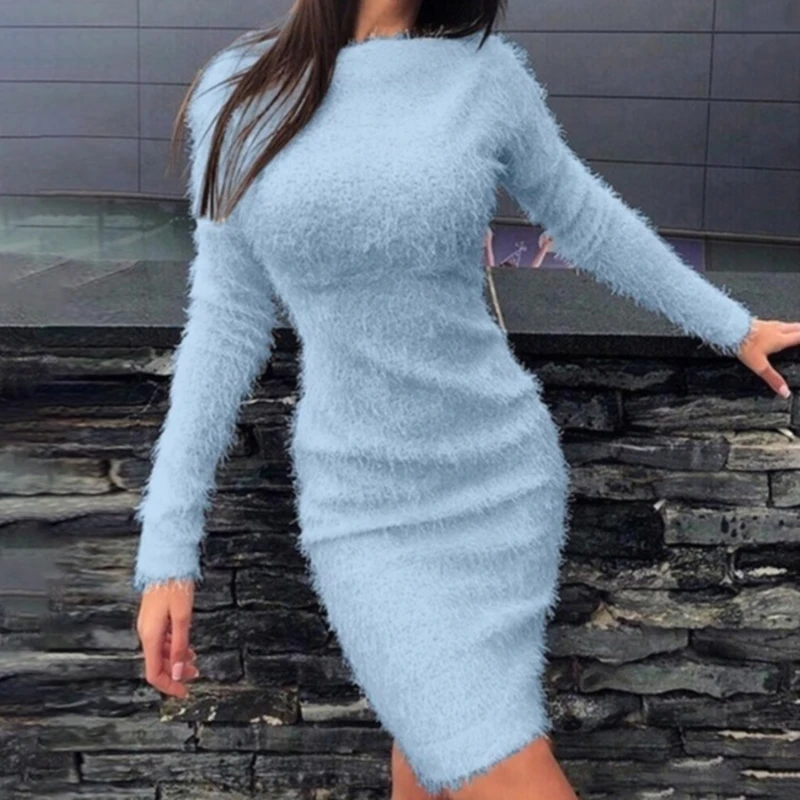 

Autumn Winter Plush Dress Ladies Sexy Slim Long Sleeve Dress Autumn Winter Women New Casual Solid Color Dress For Female