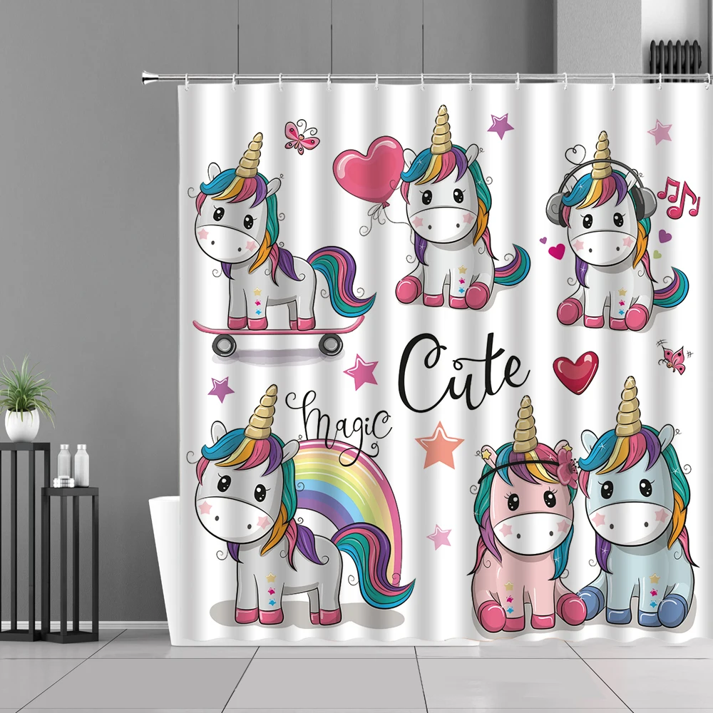 

Cartoon Cute Unicorn Pattern Shower Curtains Color Rainbow Fun Kids Room Decor Waterproof Bathroom Cloth Curtain Boy Girl Gifts