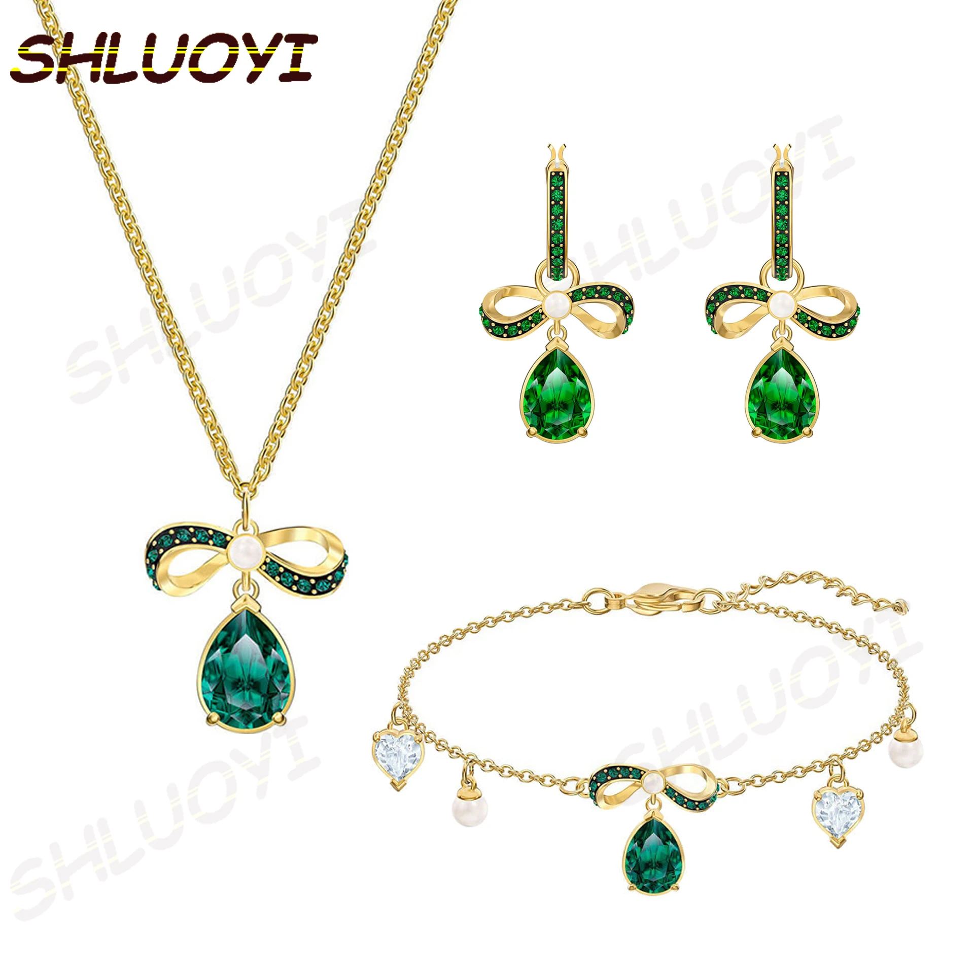 

2020 high quality SWA, green bow, water drop perforated Necklace charm fashion jewelry