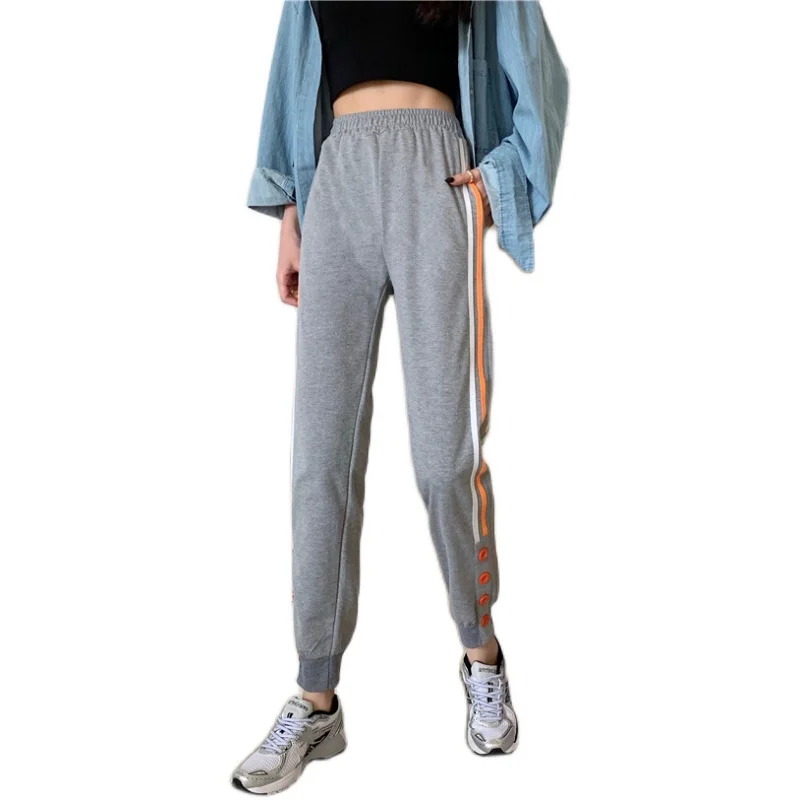 

Fashion pocket Women Long Pants Large Size Female High Street Cotton Slim Fit Trousers Elastic Waist Side Stripe Jogger Pants