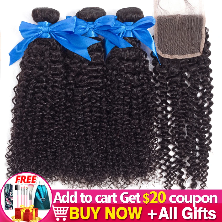 Peruvian Kinky Curly Hair Bundles With Lace Closure 4x4 Remy 100% Human Hair 3 Bundles With Closure Natural Color Jarin Hair