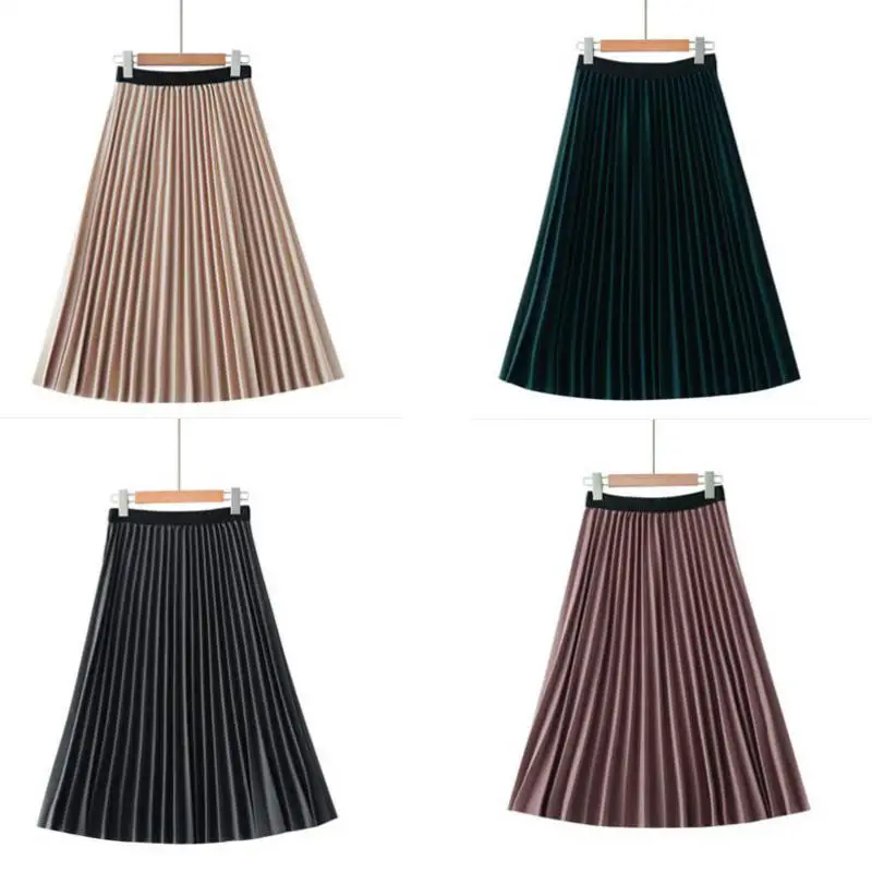 

Midi Skirt Women For Spring High Waist Skirt Femme Bright Silk Solid Pleated Skirt Faldas Largas Mujer Elegant Black Midi Skirt