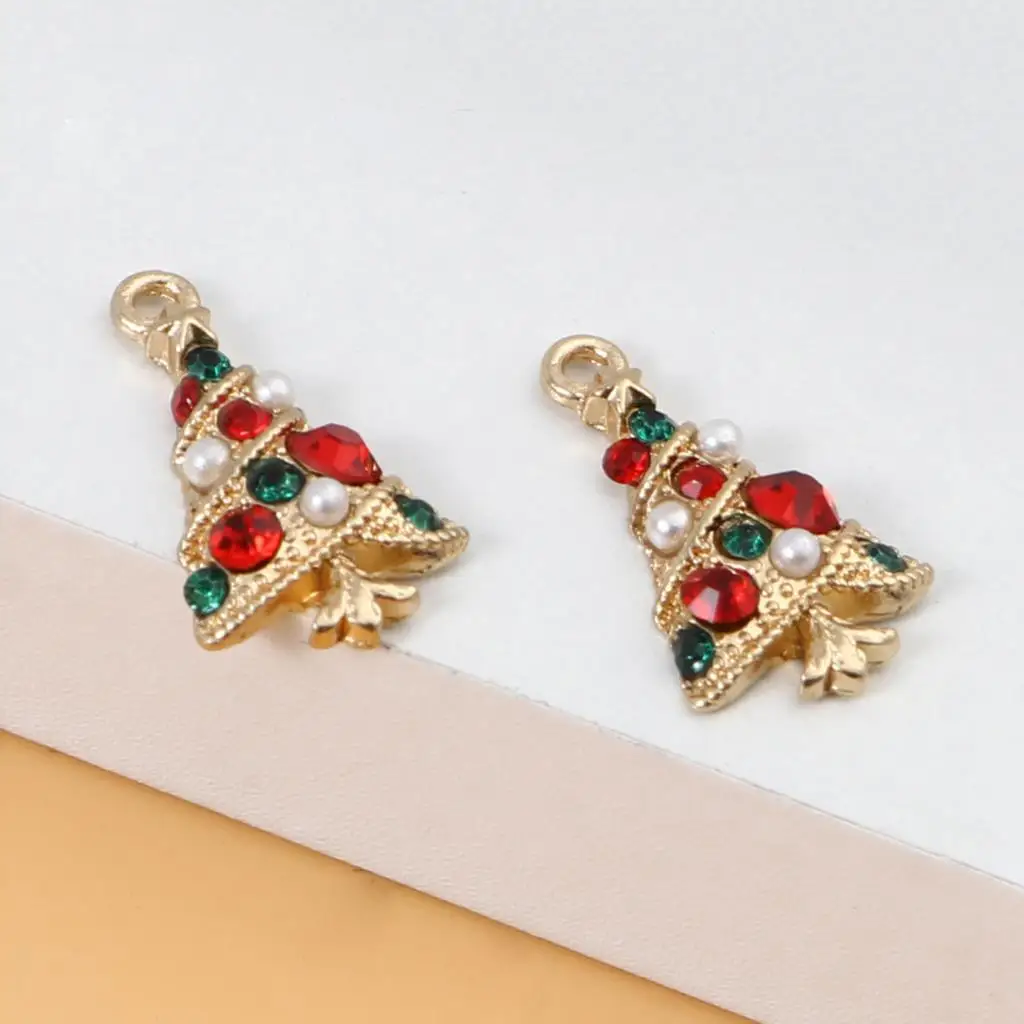 

Christmas Tree Gold Color Metal Charms White Imitation Pearl Red Green Rhinestone Pendants DIY Necklace Jewelry 21mm x 12mm,5PCs