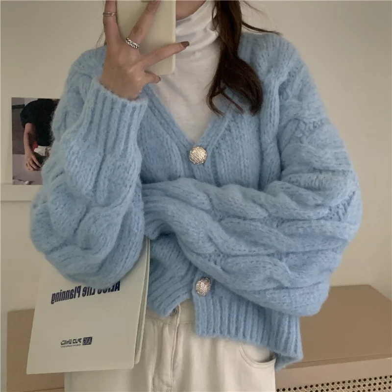 

Korean Style 2021 Fashion Solid Color Chic Spring Autumn Basic New Knitted Women V Neck Single Breasted Cardigans Sweaters