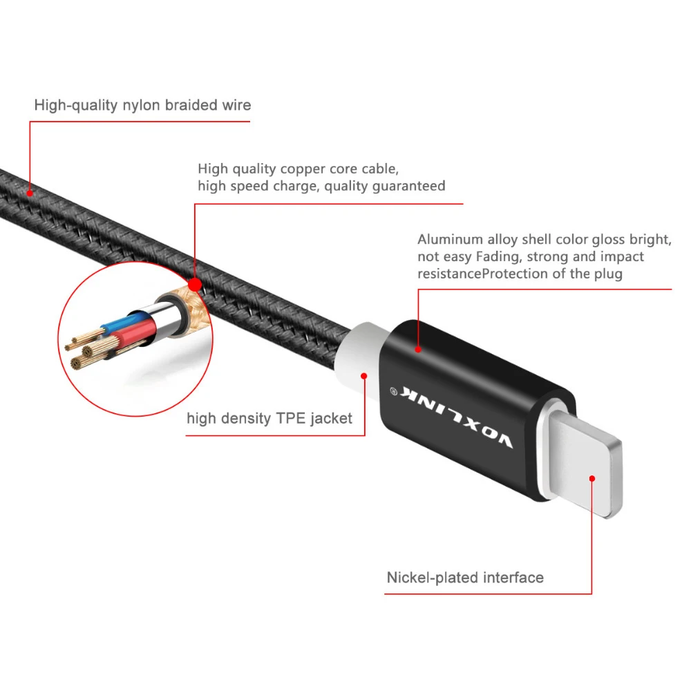 VOXLINK, 5 шт. в упаковке, USB-8-контактный кабель, нейлоновый usb кабель для зарядки и передачи данных для iPhone X Xs, xr, 8, 8 plus, 7 plus, 6s plus, 5S, iPad Air, usb-кабель