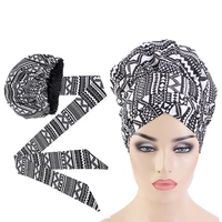 african print satin bonnet with long ribbon wrap double layer headwrap ankara pattern women hair cover large size hair wrap cap