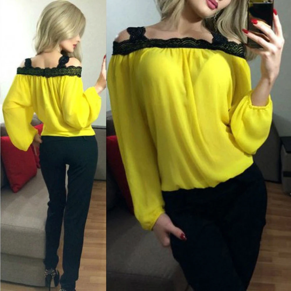 

Hot blouse women vintage Long Puff Sleeve Cold Shoulder Lace Patchwork Neck Chiffon Blouse blusas mujer de moda 2020 ropa mujer