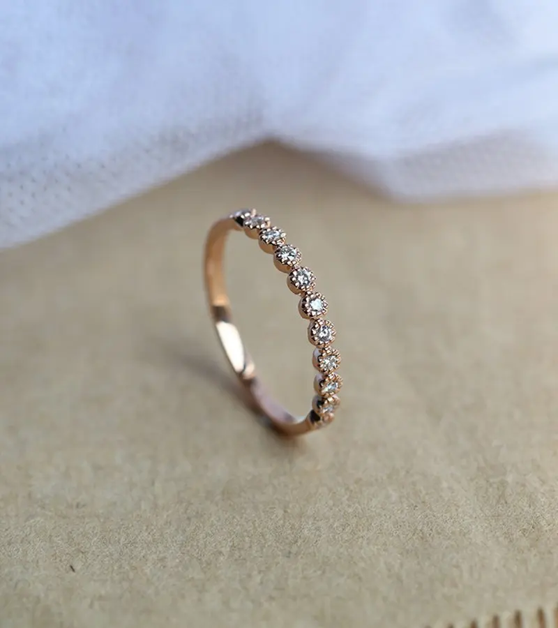 New sleek minimalist single row glossy rose gold filled inlaid zircon ring for women's party CZ anniversary gift jewelry | Украшения и