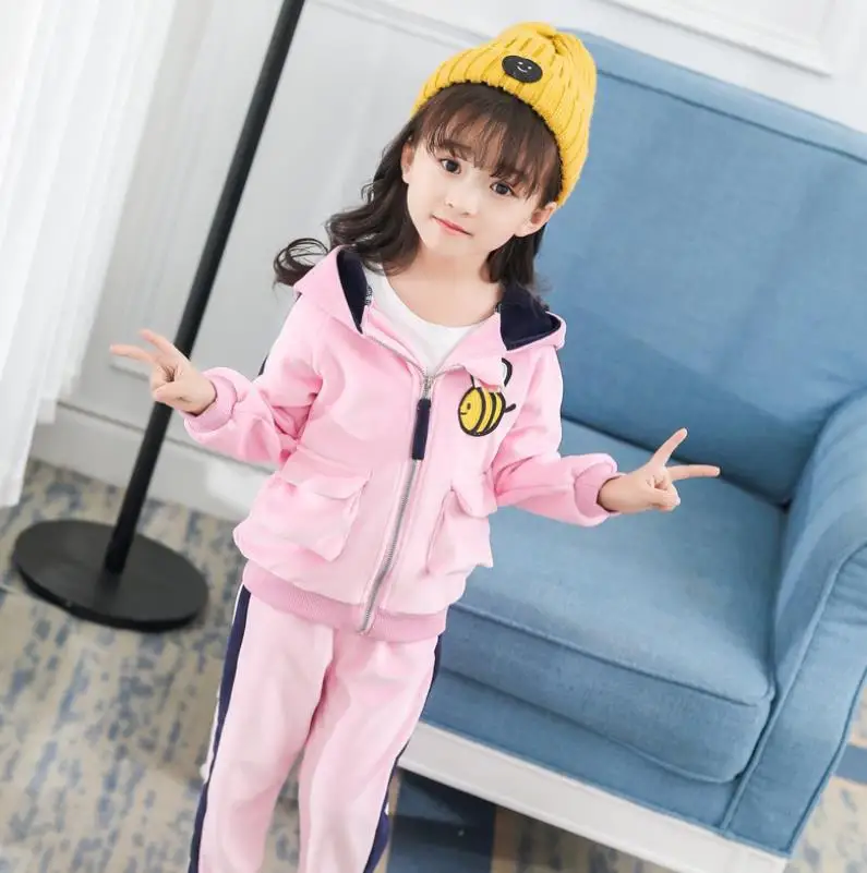 Шампанское Baby Boys Girls Warm Set Winter Cartoon cat Kids Thickening Hooded Vest+Sweater+Pant Three-piece Sport Suits Children Clothing - Цвет: Шампанское