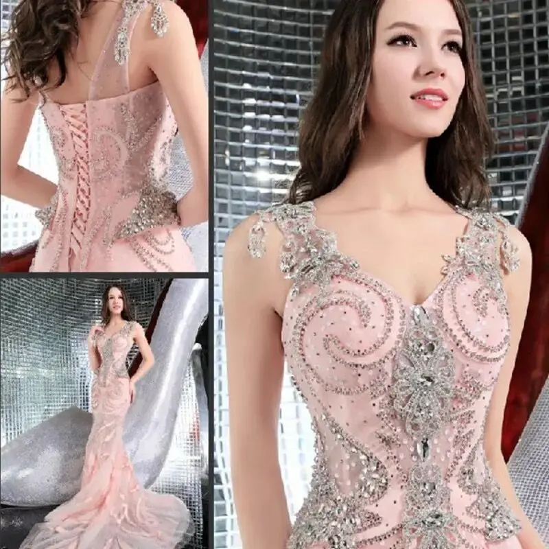 100% Real Photo Luxury Wedding Dresses Mermaid V-neck Crystal Diamond Beaded Long...