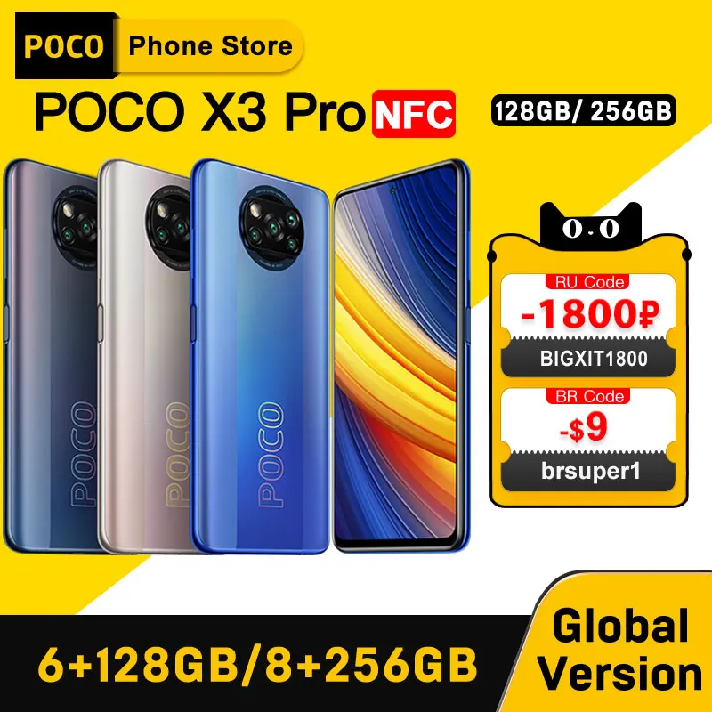  Глобальная версия POCO X3 Pro NFC 6 ГБ 128GB/8GB 256GB Смартфон Snapdragon 860 33 Вт Quad AI Камера 120 Гц DotDisplay 5160 мА/ч, Батарея