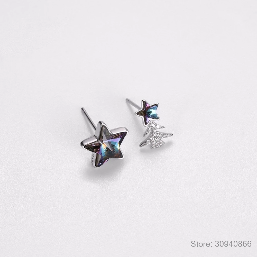 

Christmas Star & Tree Design Luxury Crystals Stud Earrings for Women 925 Sterling Silver Asymmetrical Earrings