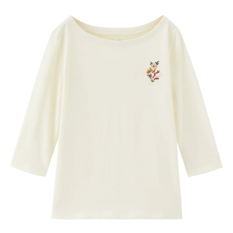Женская футболка INMAN осенне-Весенняя простая с вышивкой в виде цветов и круглым