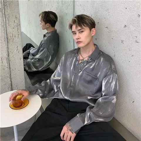 

2021 Handsome Shiny Texture Shirt Men's Long-sleeved Abstinence Solid Color Satin Shirt Men Summer Shirts