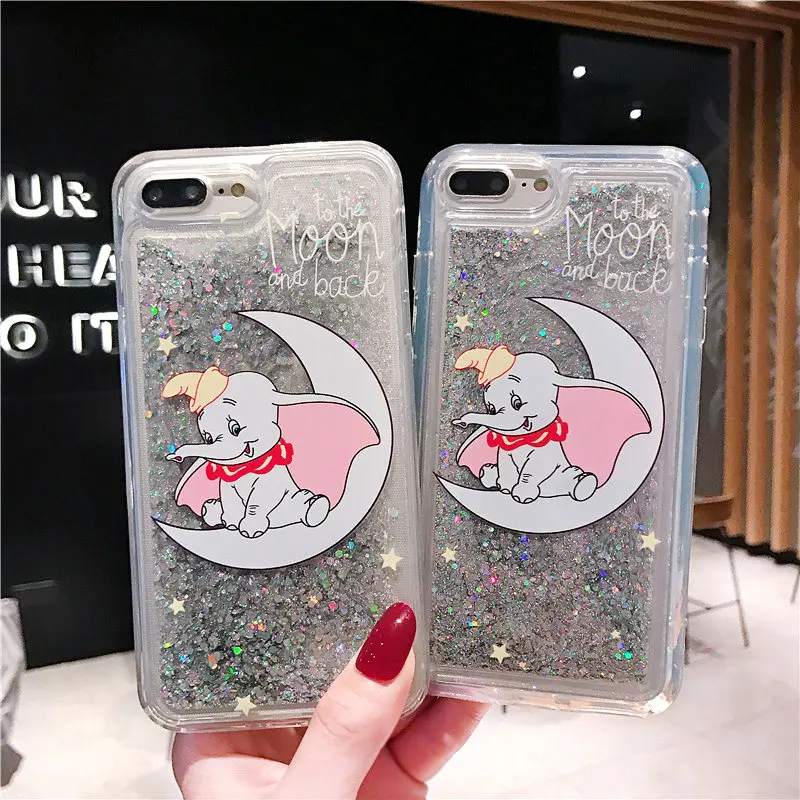 Милый мультфильм сыпучий песок с блестками Луна Dumbo телефон чехол для iphone Xs MAX XR X 6