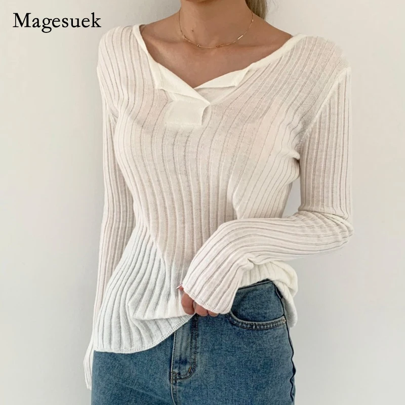 

2022 Elegant Slim Base Knitted Striped White Pullover Autumn Korean Chic Half-open-neck Sweater Casual All-match Solid Top 16544