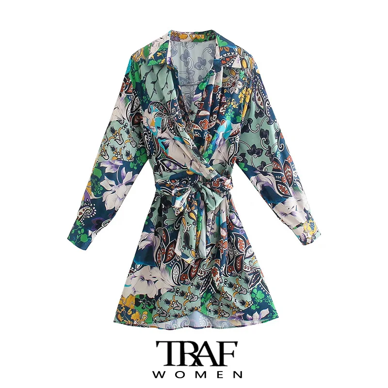 

Платье-мини с поясом, цветочным принтом и длинным рукавом