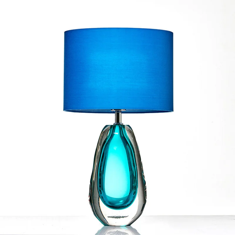 

Modern Blue Glass Cloth E27 Desk Lamp Aegean Simple Living Room Bedroom Study Home Decoration Table Light LED Warm White Fixture