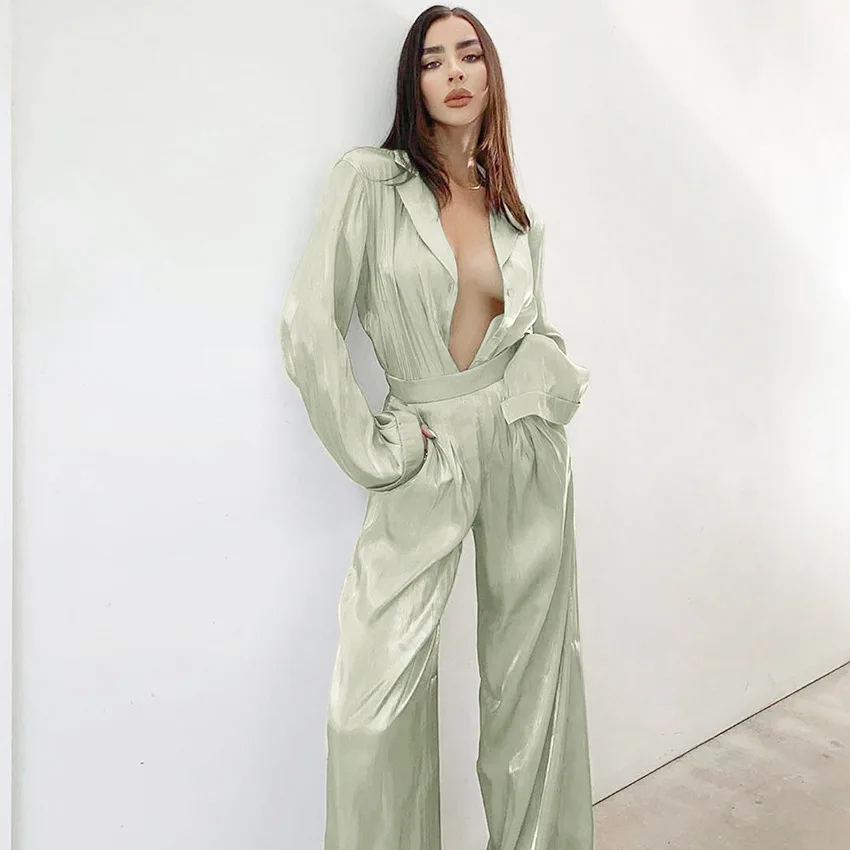 

2021 Green Vintage Two Piece Sets Women Autumn Sets Of Elegant Woman Long Sleeve Top And High Waist Pants 2 Piece Set Female