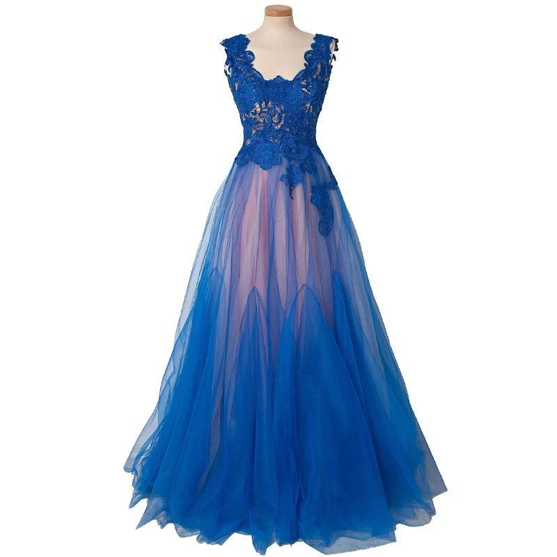 

Royal Blue Prom Dresses 2020 Tulle V Neck Unique Women Lace A Line Formal Evening Party Gowns for Women Vestidos de Festa
