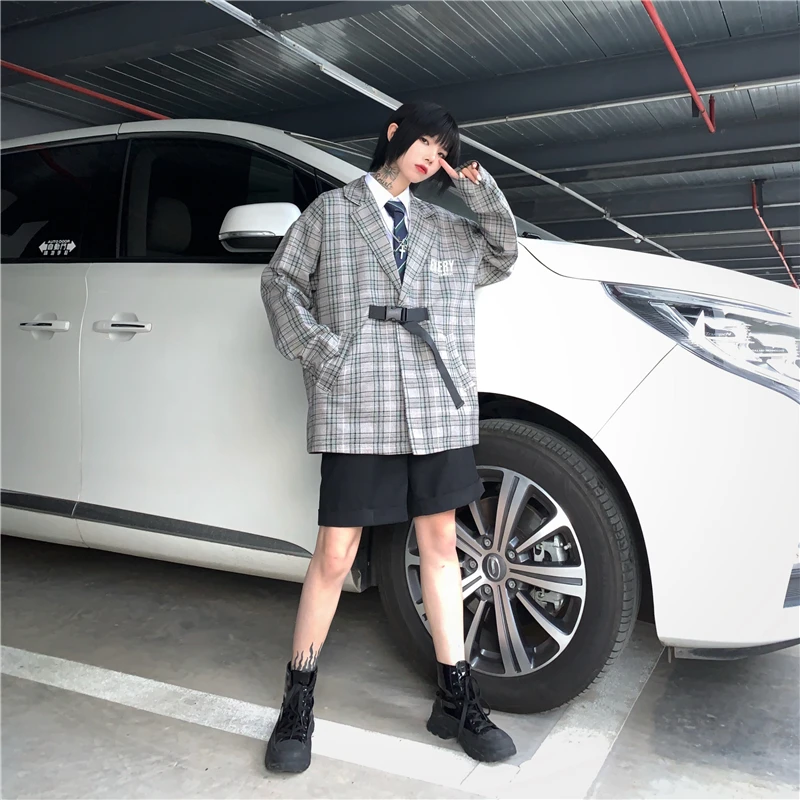 

HARAJPOO Woman Blazers 2021 Spring autumn New Korean Style Ins Fashion Letters Embroidery Plaid Loose Versatile Couple Coat Tide