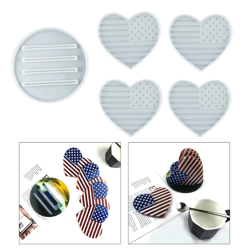 

1 Set Love Heart American Flag Coaster Epoxy Resin Mold with Storage Stand Mold