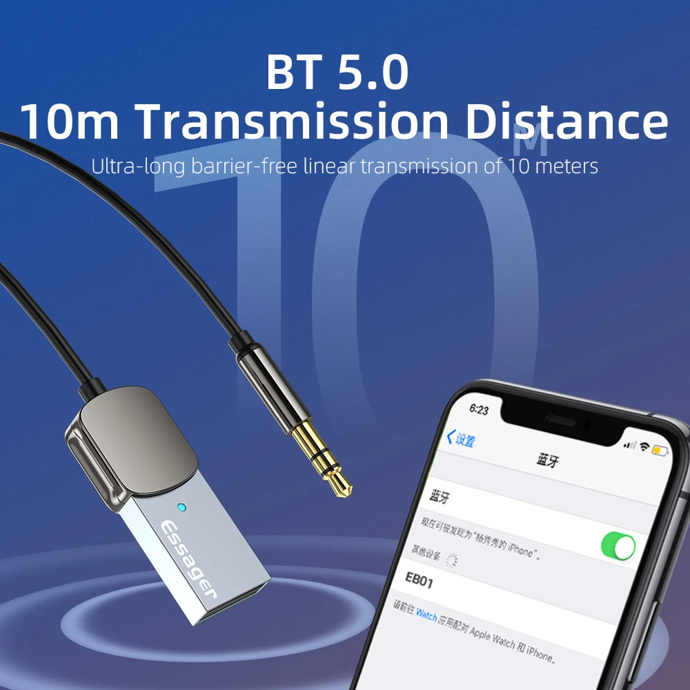 Адаптер Essager Aux Bluetooth с USB на гнездо 3 5 мм аудиоприемник 0 комплект громкой связи для