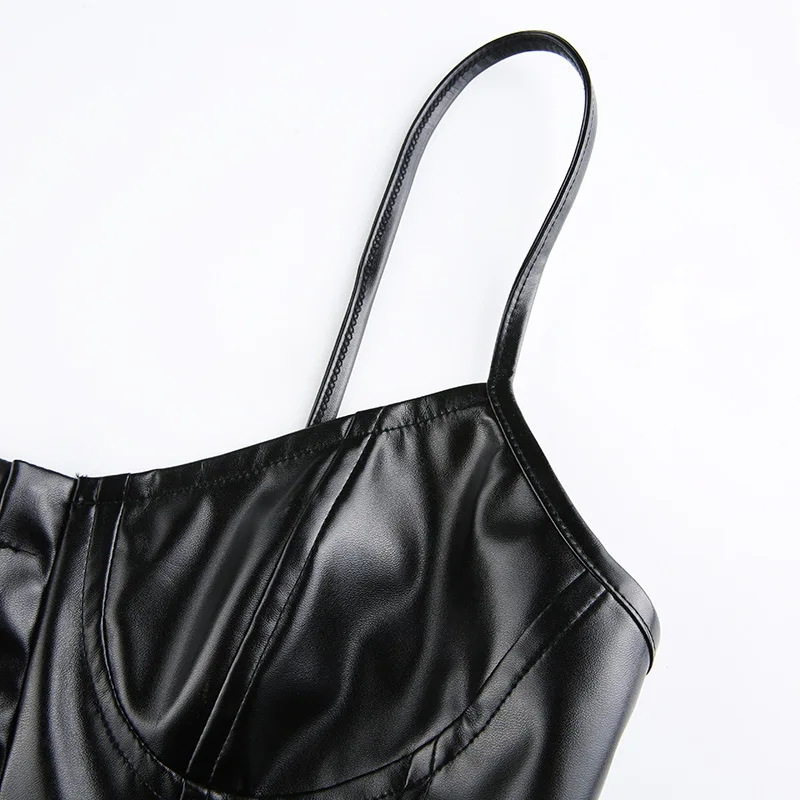 

Spring Summer Hedging Sequins Slim-Fit Halter Solid Color Black PU Leather Waistline Neckline Wrapped Chest Bottoming Suspenders