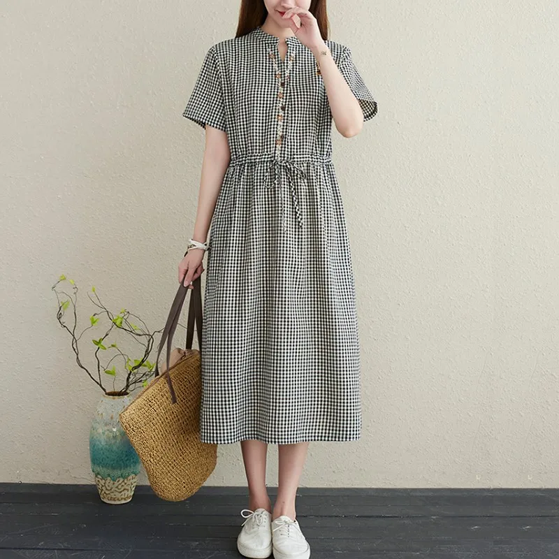 

Women Summer Cotton Casual Dress New Arrival 2021 Vintage Style V-neck Plaid Loose Ladies Elegant A-line Long Dresses B857