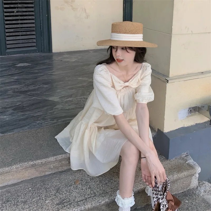 

Japanese Kawaii Yellow Lolita Princess Dress Summer Ball Gown Square Collar Loose Thin Bow Puff Sleeve Party Mini Dress Vestidos