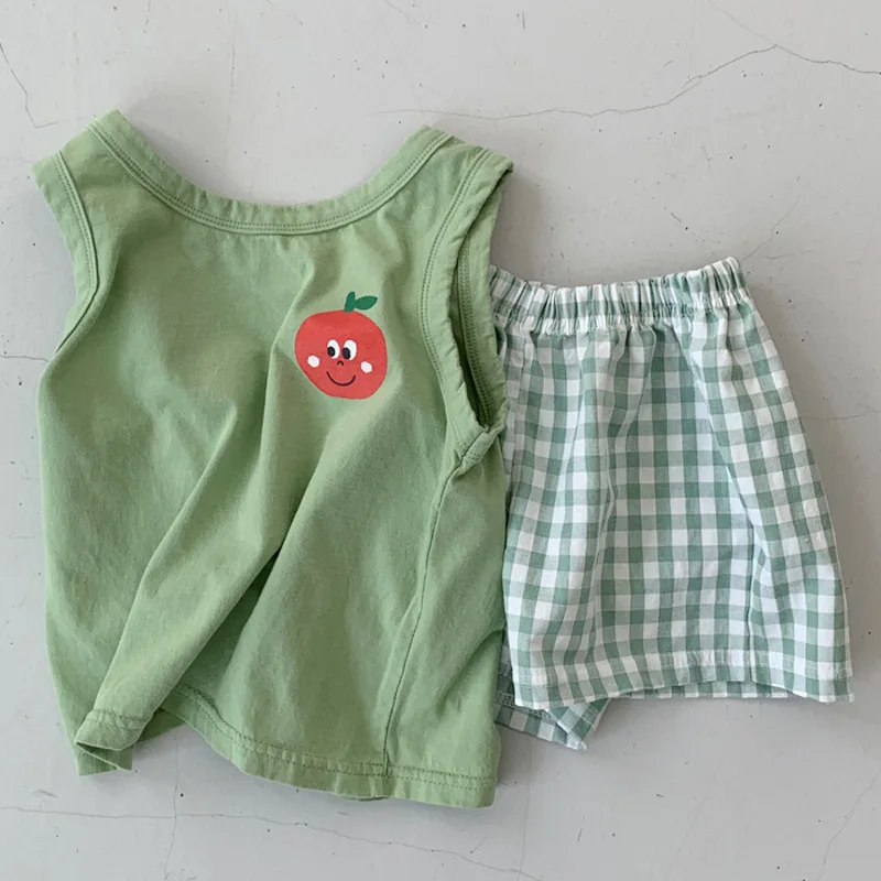 Korean Children's Clothing Set Thin Cotton Sleeveless Suit Baby Lemon Vest Plaid Shorts Two-piece 2020 Summer | Детская одежда и