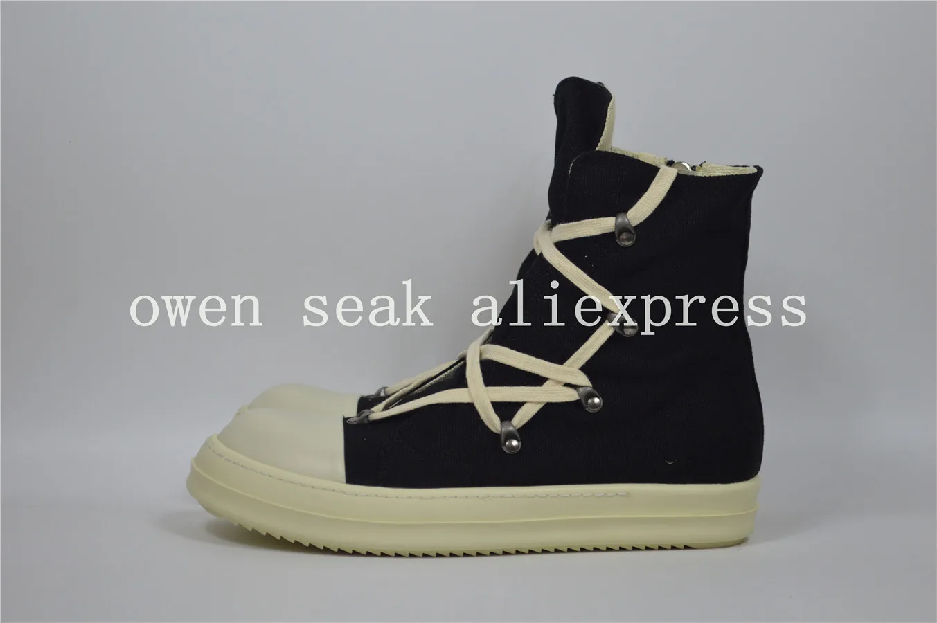 Owen Seak Men Canvas Shoes High-TOP Ankle Lace Up Luxury Trainers Women Rivet Sneaker Boots Casual Zip Flats Black |