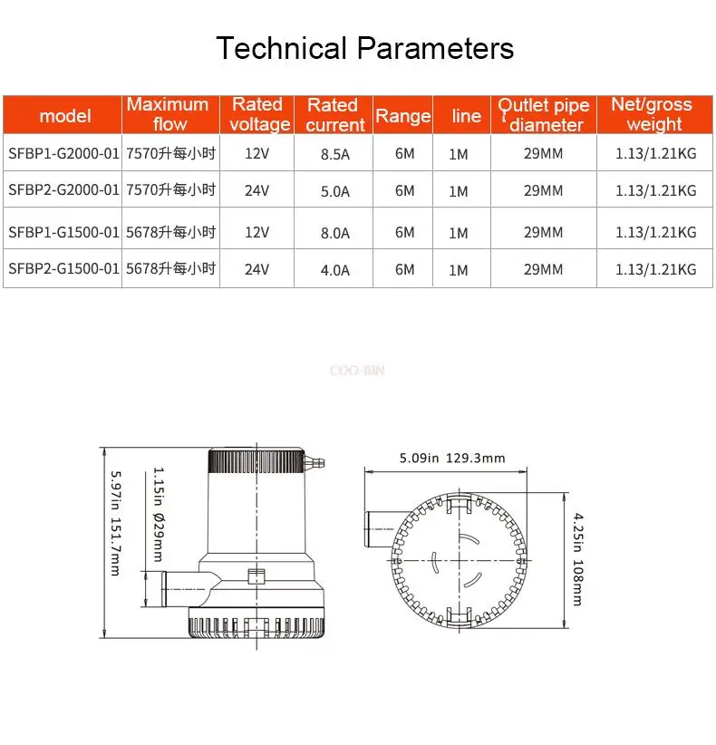 Погружной насос откачивающий 12 В/24 В постоянного тока для морских самолетов