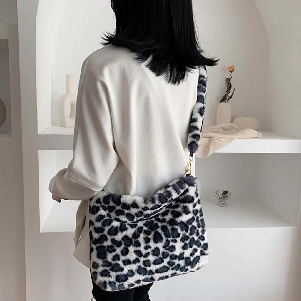 Женская леопардовая плюшевая теплая зимняя сумка на плечо, сексуальная теплая меховая мягкая ручка, винтажные сумки, женская модная сумка на плечо, цветная сумка