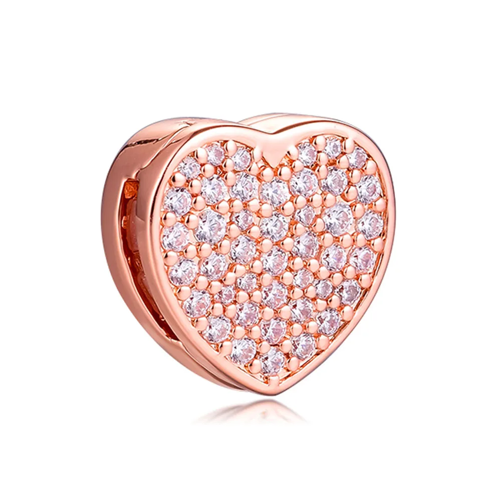 

QANDOCCI 2020 Стерлинговое Серебро 925 пробы прозрачные CZ розы рефлексионы паве сердце зажим шармы бусины для изготовления ювелирных изделий для ж...