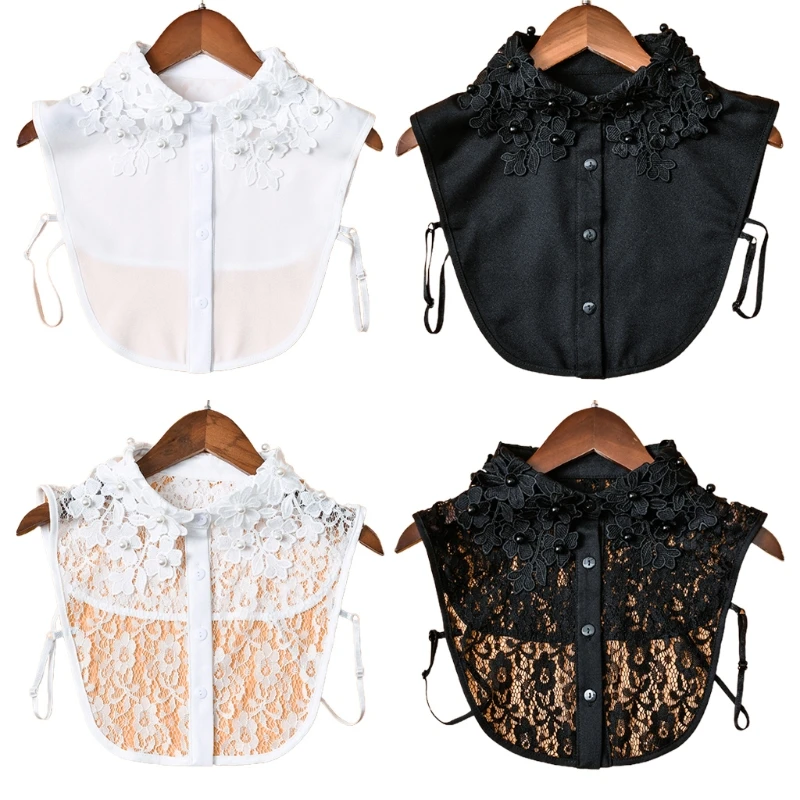 

Women Decorative False Fake Collar Imitation Pearl Beading Hollow Out Floral Lapel Half Shirt Blouse Detachable Dickey Necklace