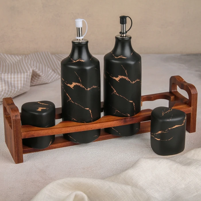 Набор для специй и масел Марбл 4 шт: 2 соусника солонка перечница на деревянной