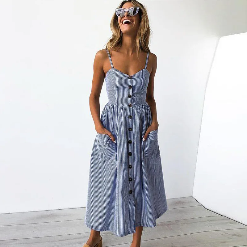

Vintage Casual Sundress Female Beach Dress Midi Button Backless Polka Dot Striped Women Dress Summer 2020 Boho Sexy Floral Dress