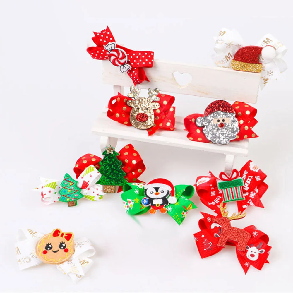 Рождественский бант Форма блеск шляпа оленя Санты Пингвин заколка для волос