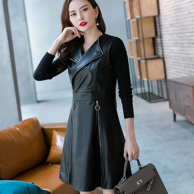 

Spring 100% Real Leather Dress Women Streetwear Zipper Printed Sleeveless Dress 2021 High Quality Lapel Office Sheepskin Dress