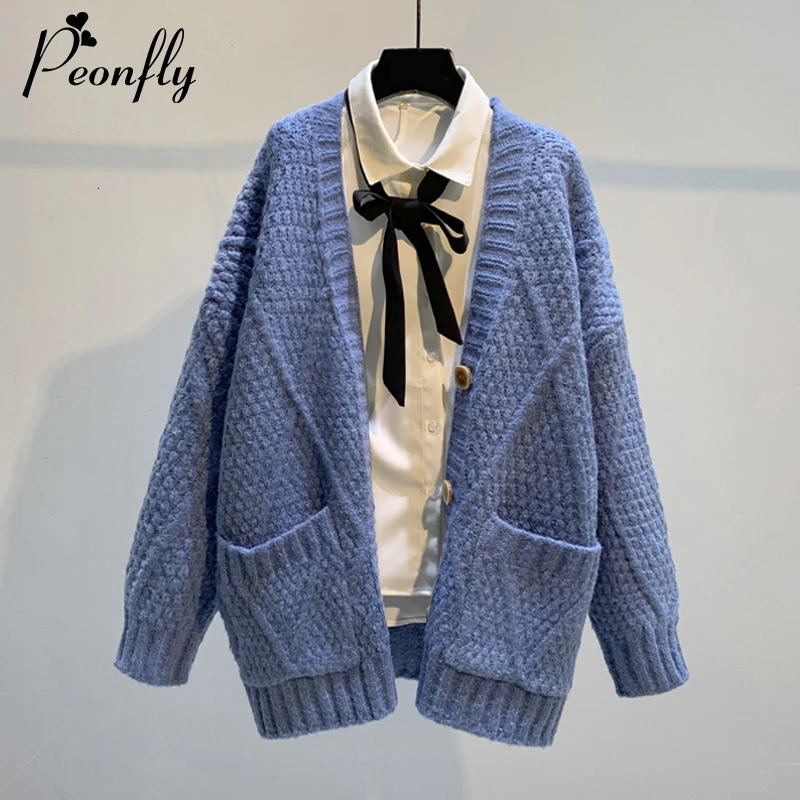 Женский винтажный однобортный Кардиган PEONFLY повседневный теплый вязаный свитер