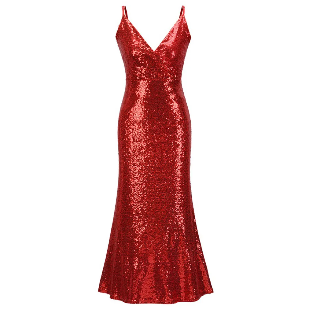 Женское облегающее платье на бретельках с блестками без рукавов v образным