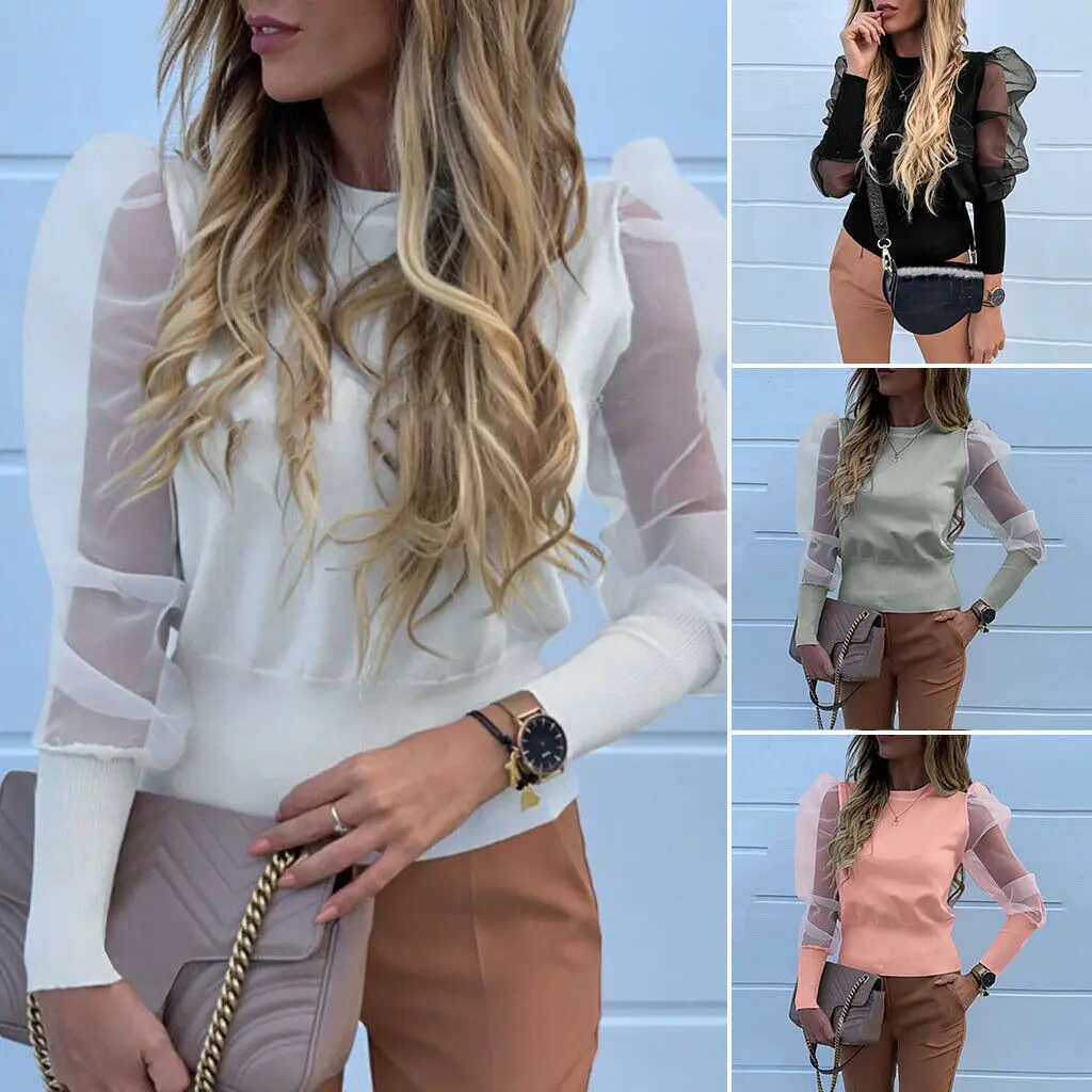 Женская сетчатая прозрачная блузка с рукавами-фонариками и жемчужинами