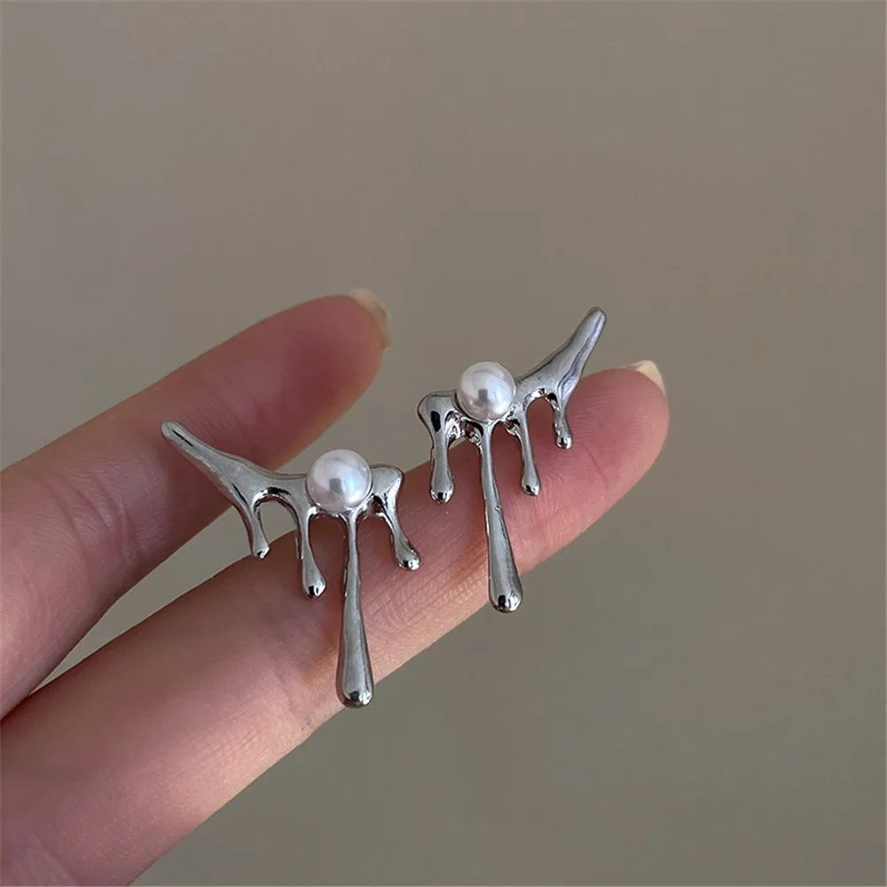 

925 Silver Needle Geometric Pearl Earrings Korean Fashion Exaggerated Personality Ins Lava Water Drop Irregular stud Earrings