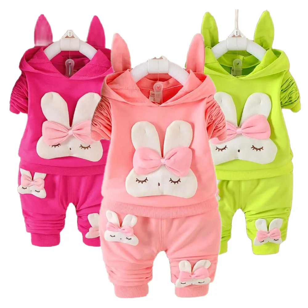 

Осенняя милая детская одежда из хлопка с принтом в виде персонажей из мультфильма для девочек, кролика, состоящие из кофты с капюшоном и шта...