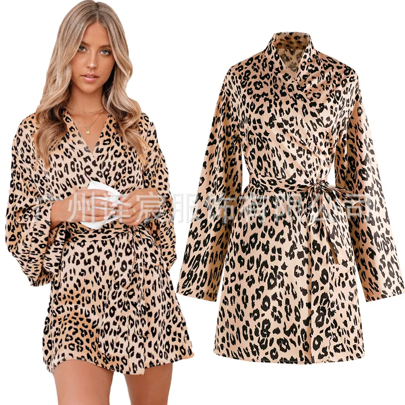 

European and American New Women's Pajamas Spring and Summer Long Sleeves Smooth Stretch Sexy Leopard Print Home Nightgown