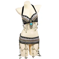 size s xl beaded outfit women tribal belly dance costume 2 pieces set zari bra with large pendant coins bra belt for bellydance