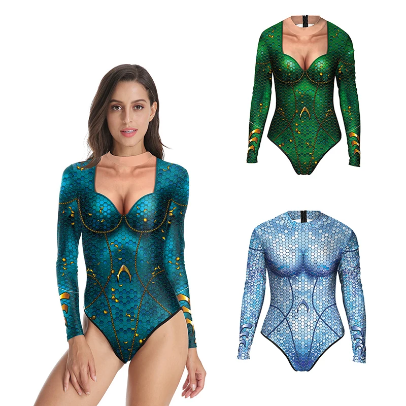

2021 New Sequined 3D Digital Printing Women's Long-sleeved Swimsuit Sexy One-piece Swimsuit Surfing Suit All-in-one