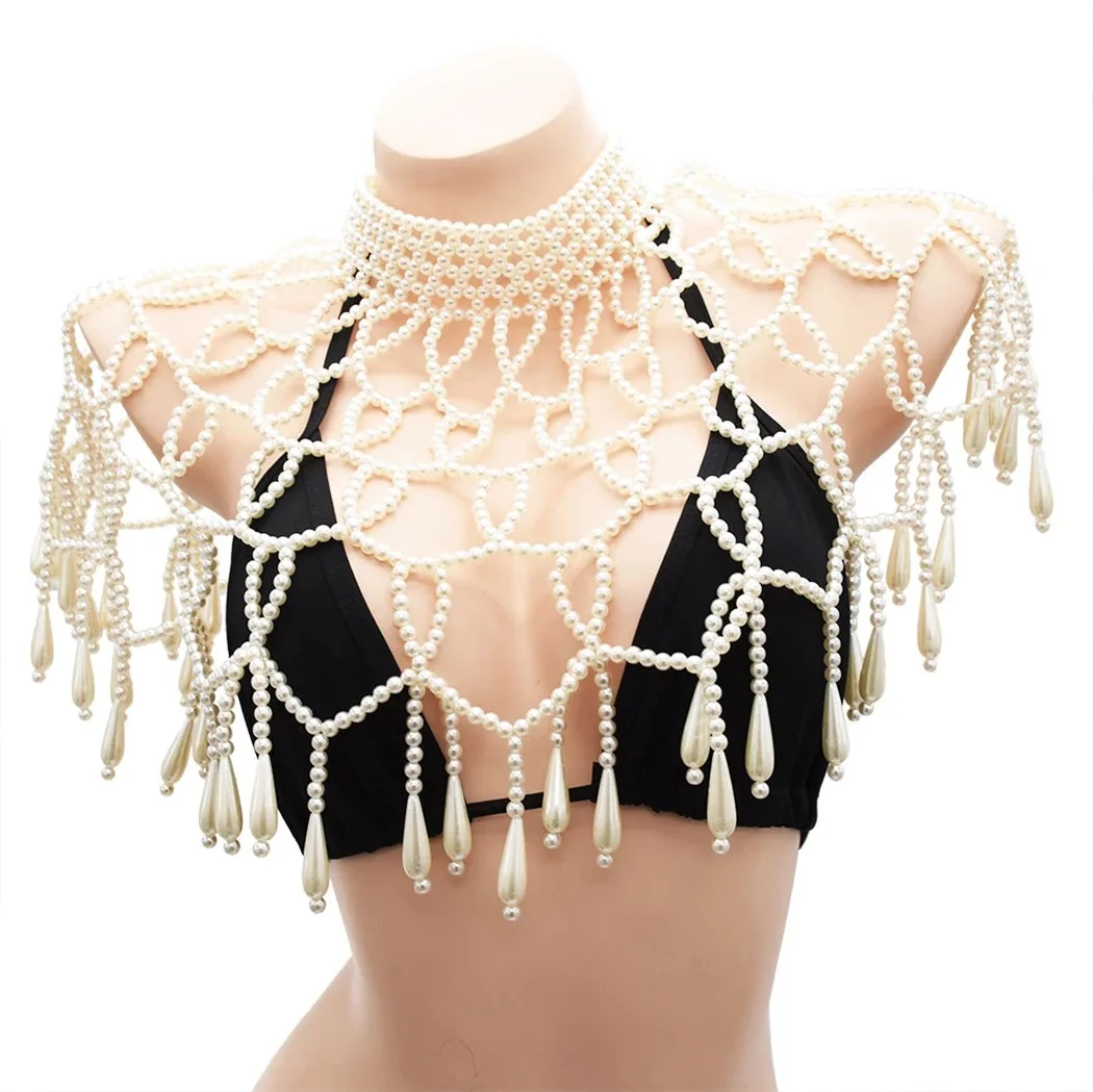 

Handmade Weaving Pearl Statement Choke Collar Necklace For Women Wide Fringe Pearl Shawl Female Hollow Out Body Jewelry 2020